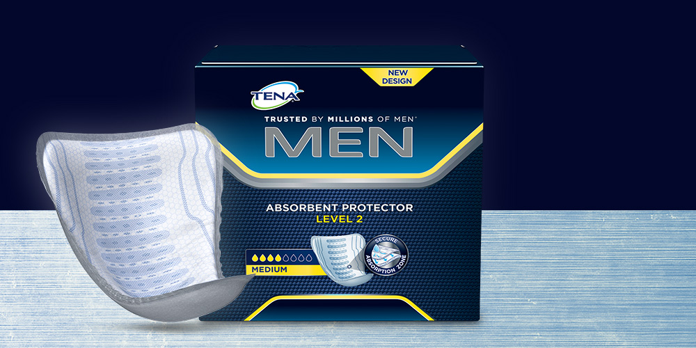 Package and product TENA Men guards on display Package and product TENA Men guards on display